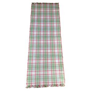 Pink & Green Plaid Table Runner 13.5” x 38” Woven Cotton Fringed Edges